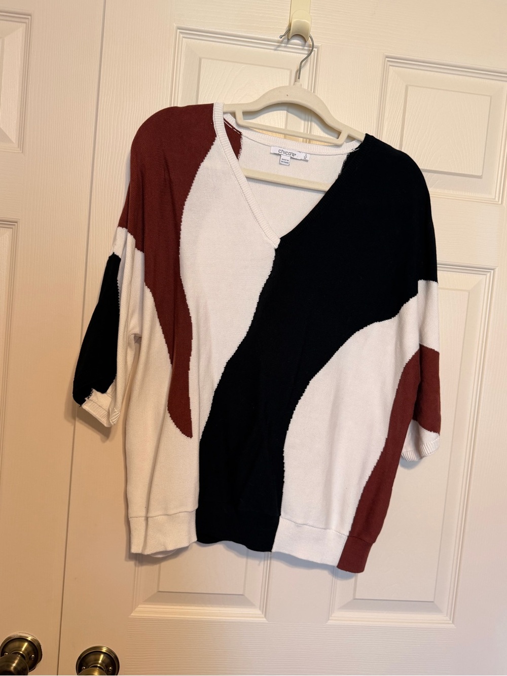 Chico's V-Neck Colorblock Sweater - Ivory, Black & Burgundy